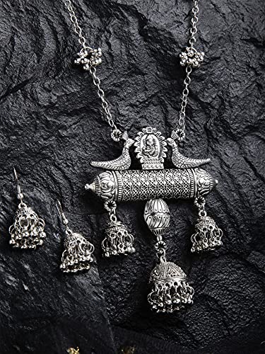Oxidised Long Chain Pendant Earrings Set