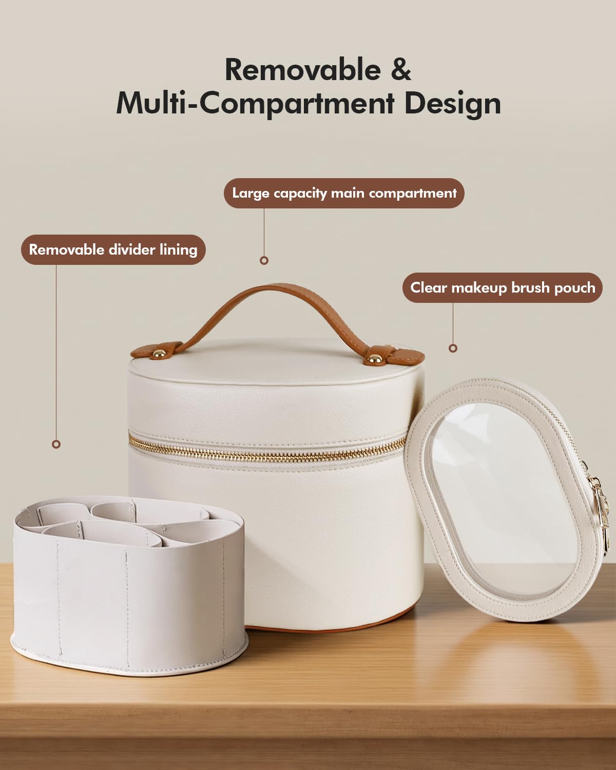 Prite Makeup Bag Cosmetic Organizer Case PU Leather Travel Portable Toiletry Bag with Removable Compartments and Washable PVC Pouch for Women - 3