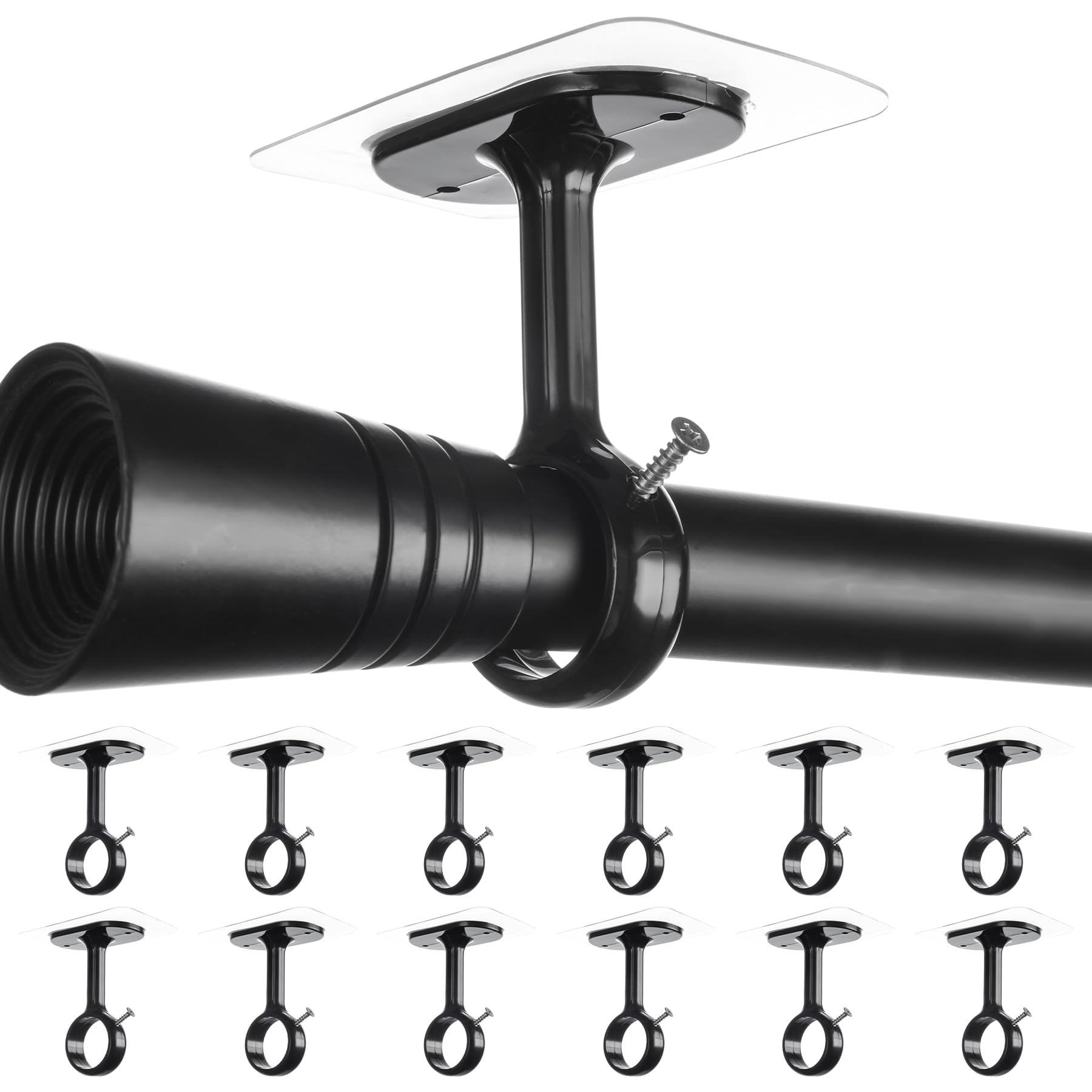 12-Pack No Drilling Ceiling Curtain Rod Brackets Holders, Sticky No Screw Curtain Rod Holder, No Hole No Damage Curtain Rod Hanger for 0.8 to 1.24 Inches Poles(Black)