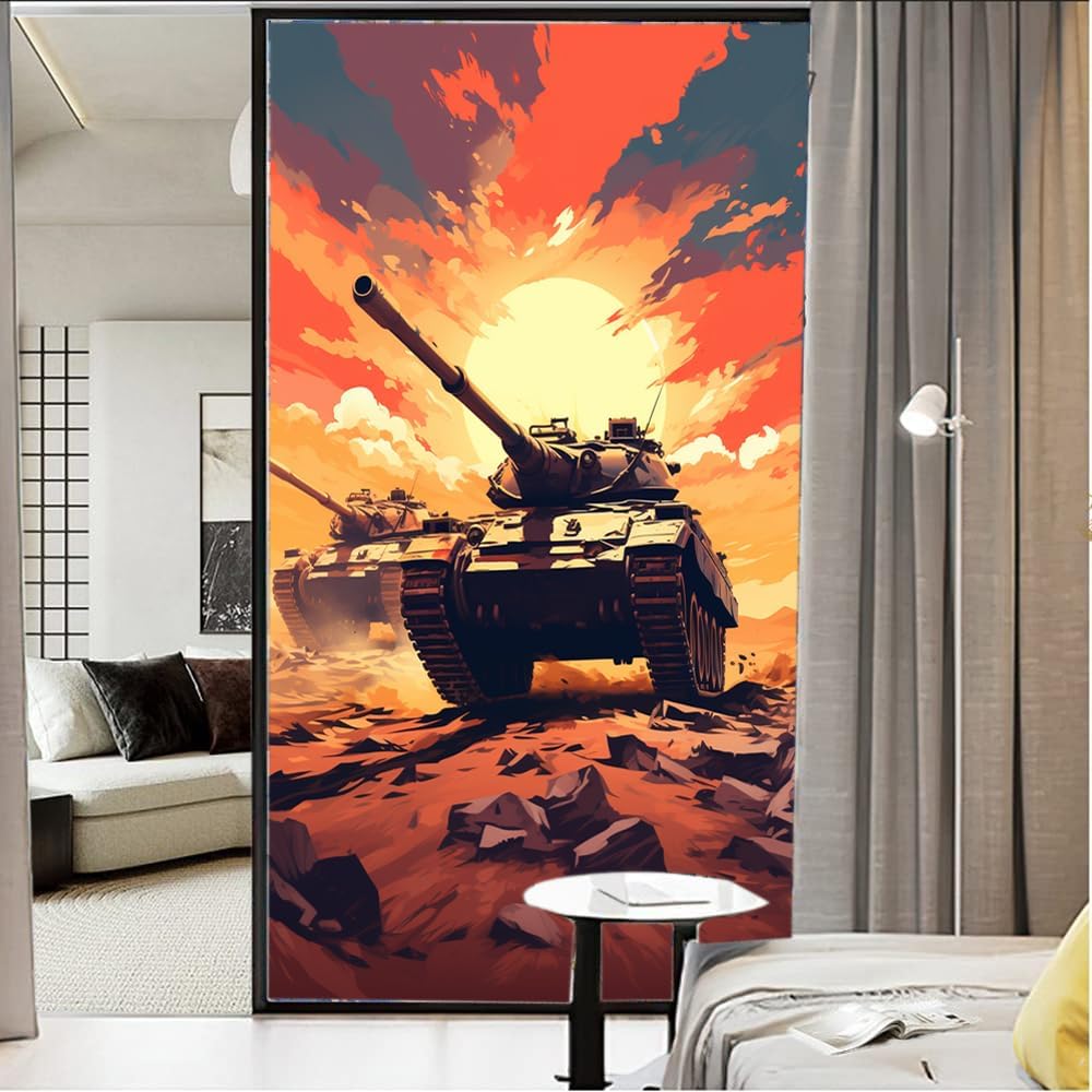 Tank War Stained Glass Window Film Sunset Red Clouds American Style Privacy Window Film Glass Door Covering Non-Adhesive Window Stickers for Bathroom Kitchen 35.4Wx63L