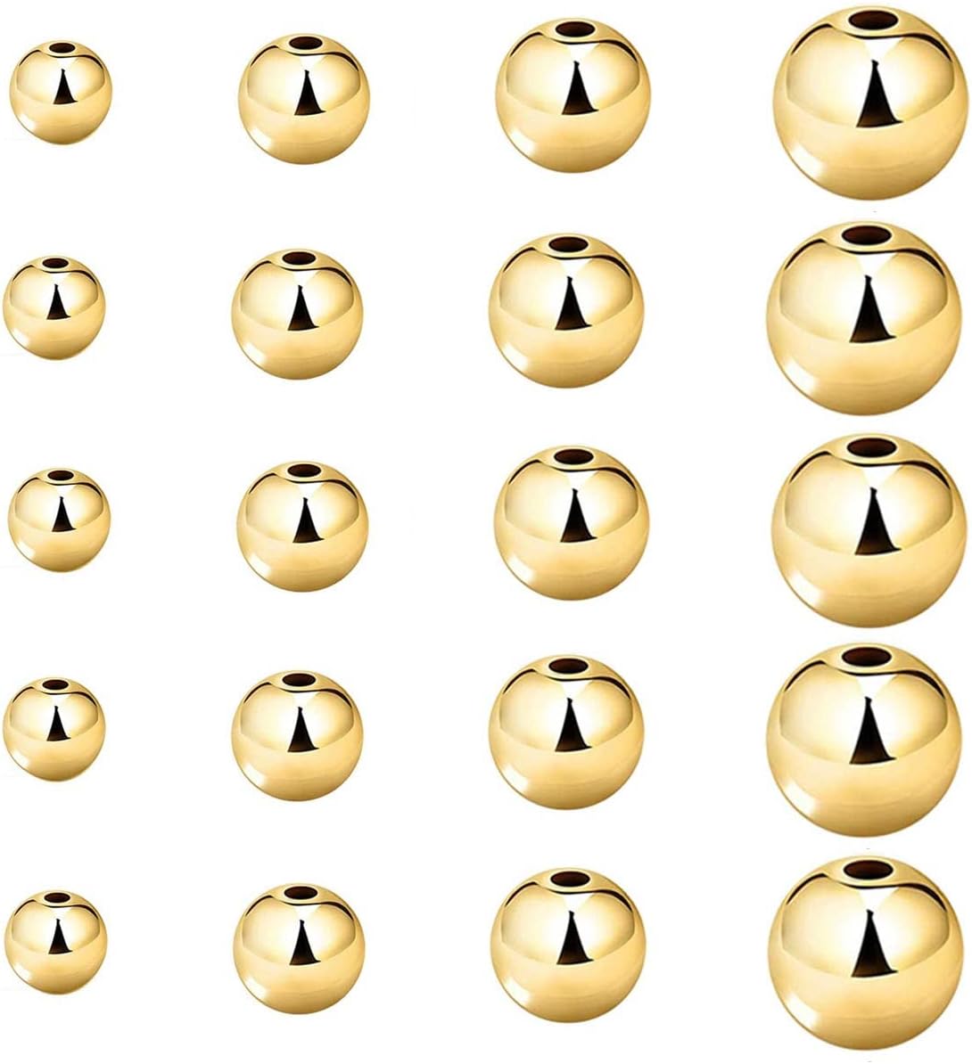 200 Pcs Mix 14K Gold Plated Beads Smooth Little Round Spacer Beads Brass Long-Lasting Tarnish Resistant Seamless Loose Beads for DIY Bracelet Jewelry Making (3/4/5/6MM-Gold)
