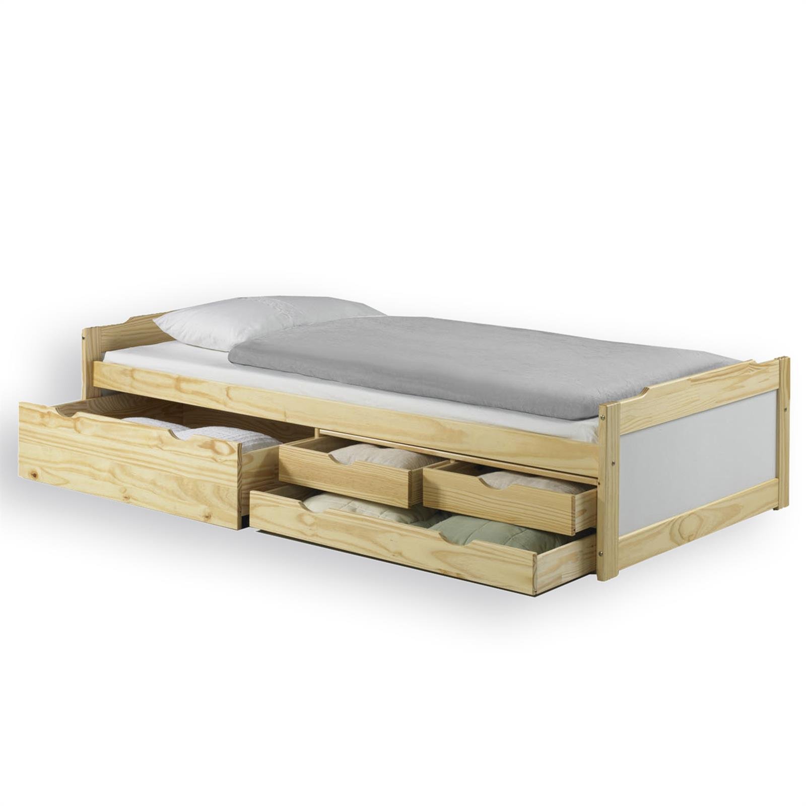 IDIMEX Bett mit Stauraum Andrea Kiefer massiv Weiss/Natur 90x200 cm, Gästebett Tagesbett, 4 Schubladen