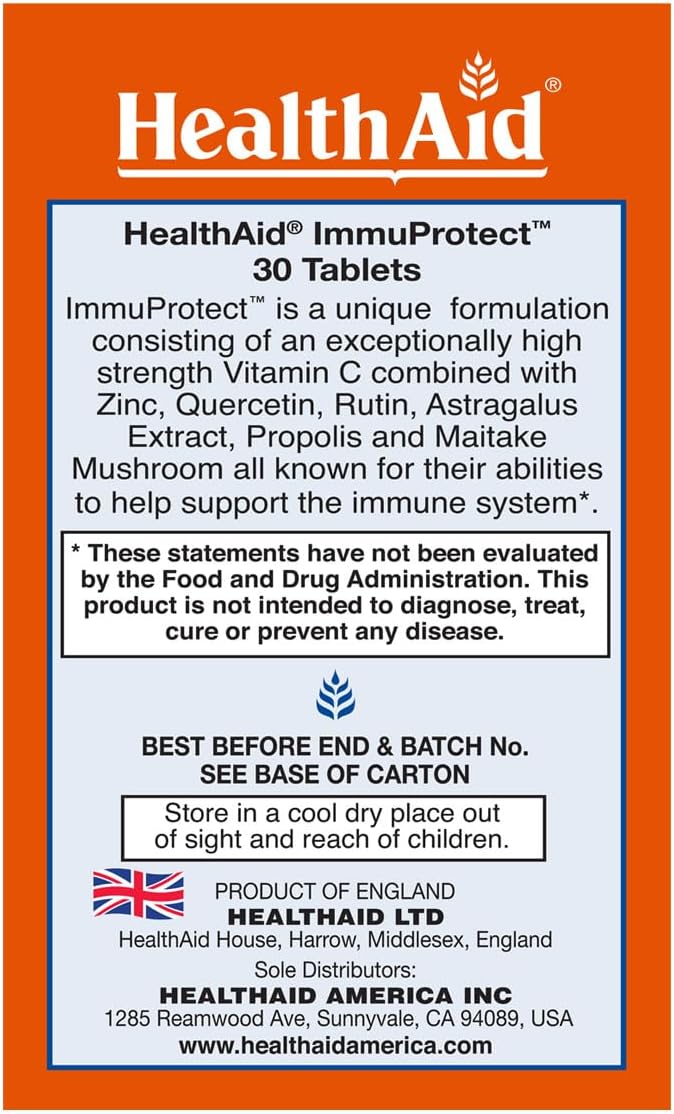 HealthAid Immuprotect Immune Defense Tablets – 30-Day Supply – Vitamin C, Zinc, Quercetin & Rutin with Maitake, Propolis & Astragalus | Daily Vegetarian Antioxidant Support