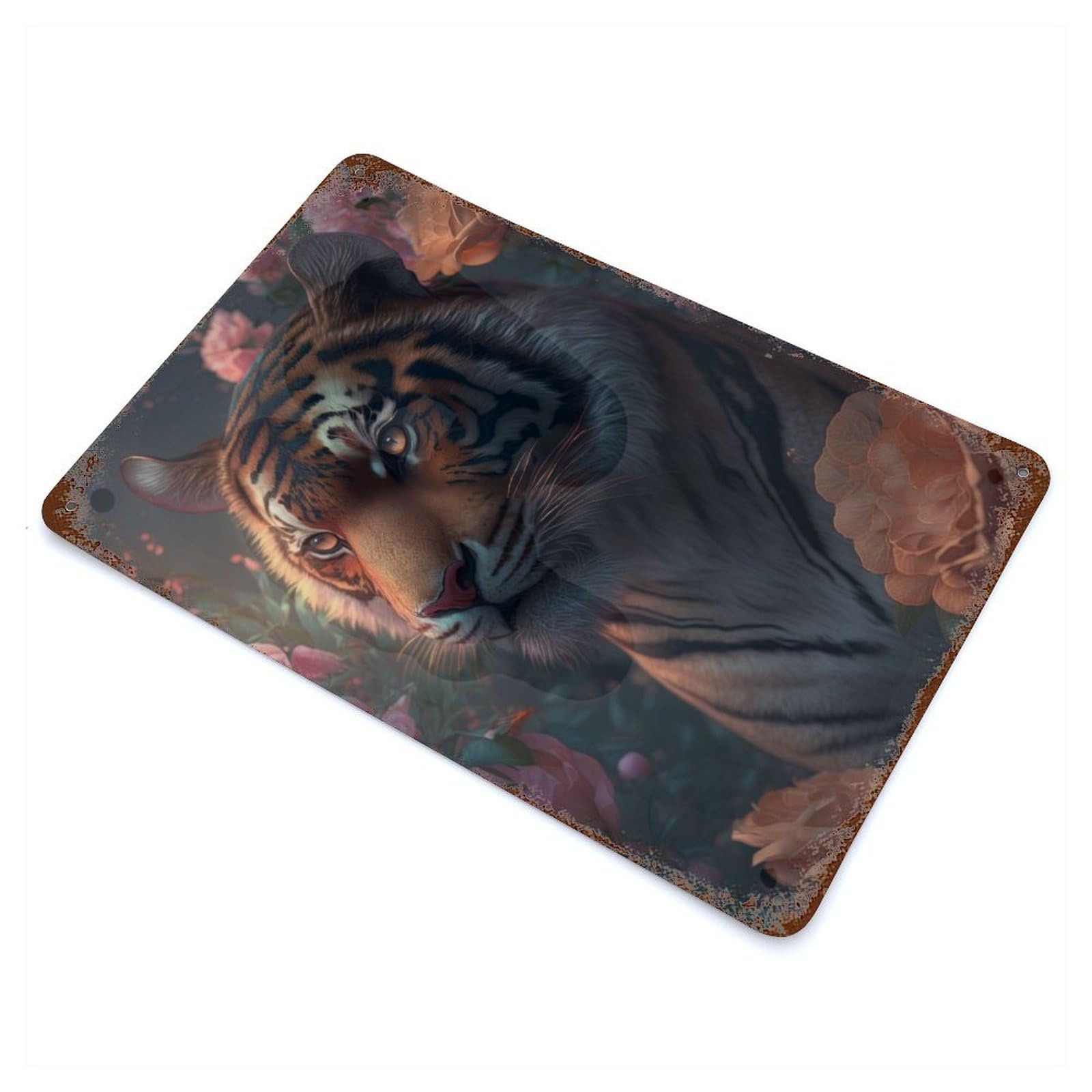 Fantasy Floral Tiger Rust Effect Tin Sign 11.8"x7.9", Ideal for Cafe, Home Bar And Lounge Decor