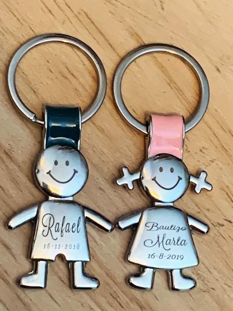 regalo grabado - Llaveros Personalizados Forma Niño, Niña con Texto y Carita elegida | Ideal para Comunión, Bautizo, Cumpleaños, Evento | Metal macizo | Unidades
