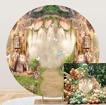Laeacco 6.5x6.5ft Fairy Tale Enchanted Forest Round Backdrop Magic Tree House Wonderland Circle Backdrop Garden Butterfly Natural Scenery Arch Background for Kids Birthday Portrait Photo Booth Prop