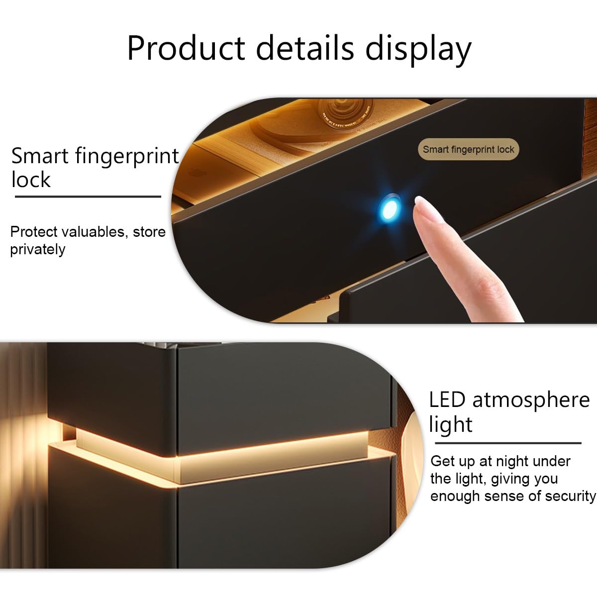 Comodino moderno, intelligente in legno , comodino con scomparto segreto Design Moderno Minimal Striscia Con sblocco tramite impronta digitale LED in legno per Camera da Letto, Soggiorno(White-A)