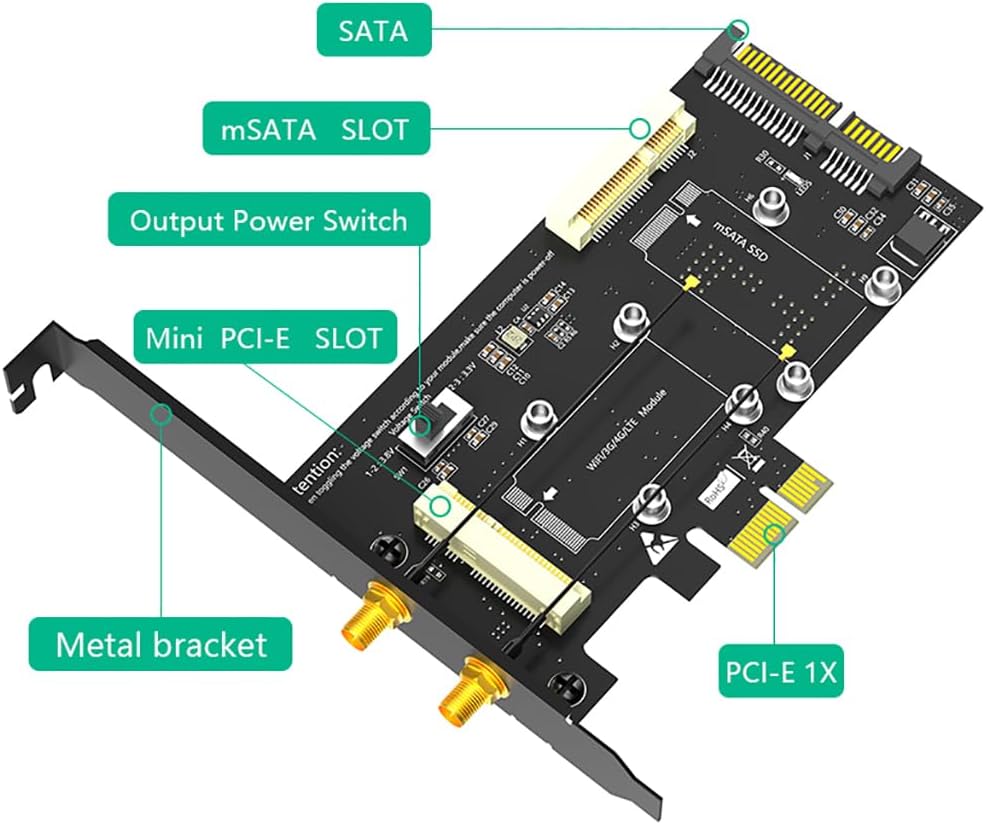 JMT 2 in1 Mini PCI-E to PCIe 1x and MSATA to SATA3 Adapter with SIM Card Slot for WiF i/ 3G/4G/LTE/mSATA SSD