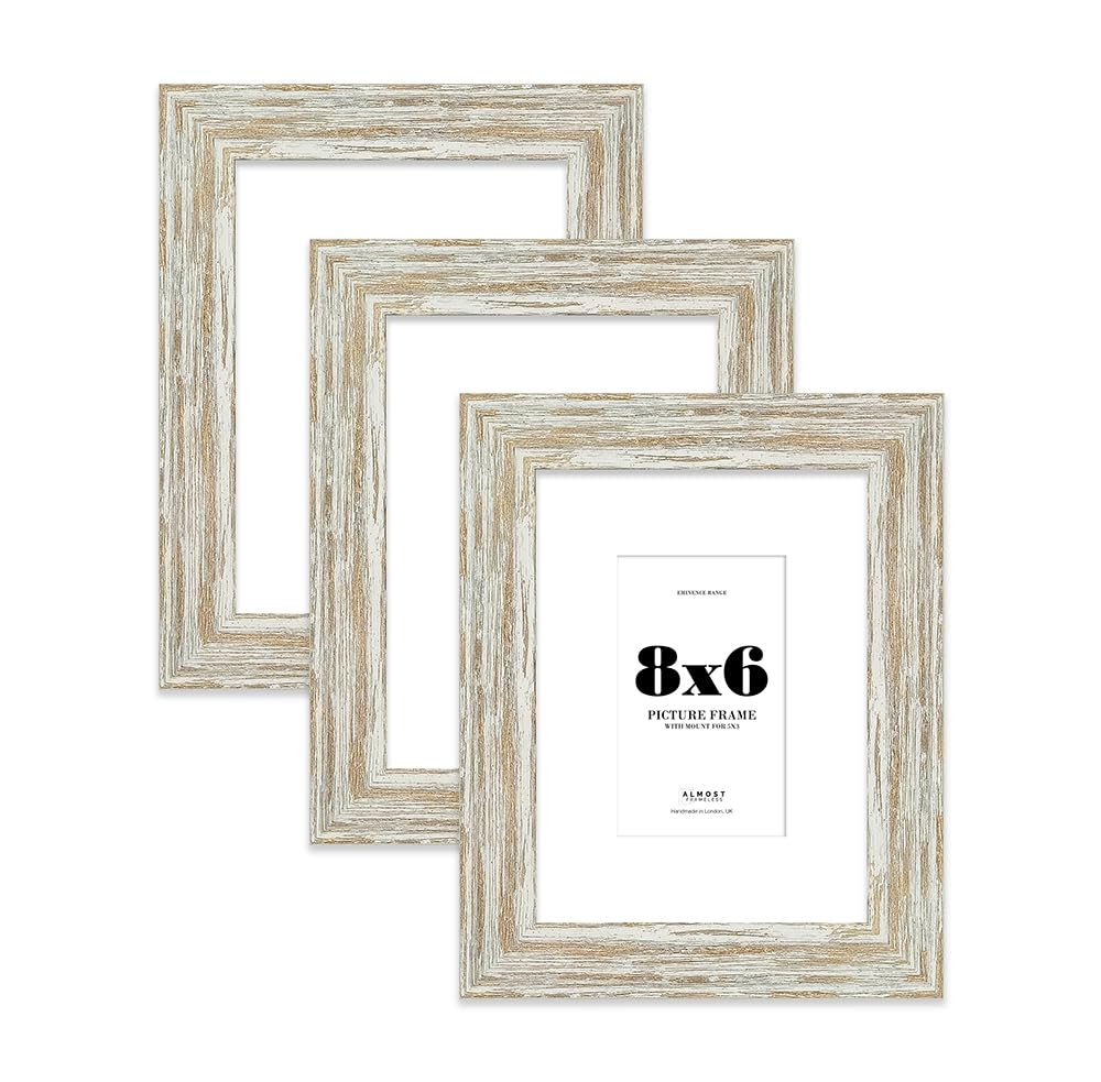 8x6" Distressed White Oak Picture Frame with 5x3" Mount - Reclaimed Wood Style Photo Frame with Distressed Finish, Wall Hooks and Kickstand, 32mm Edge - 3 Pack