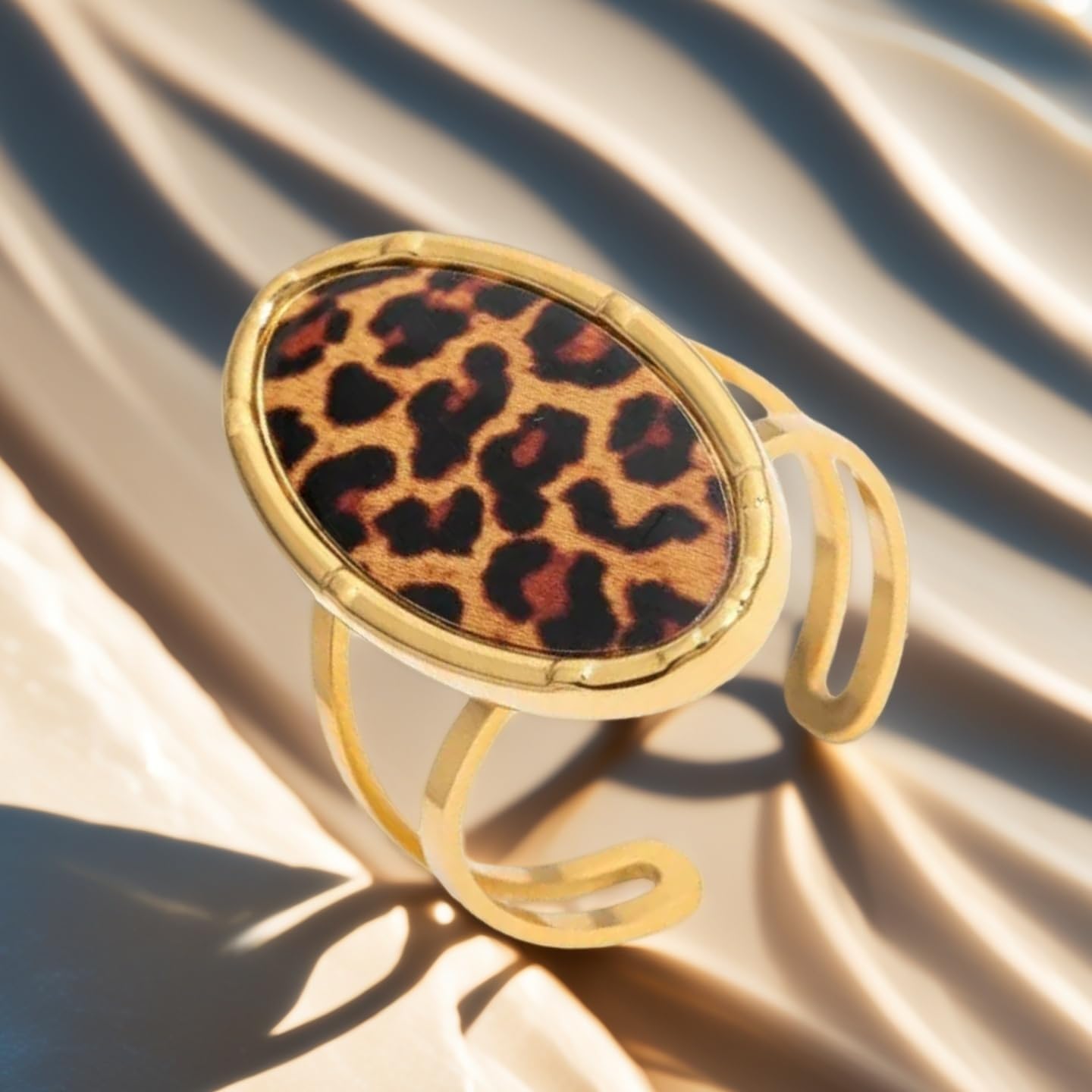 Leopard Print Oval Statement Open Ring for Women - Stainless Steel 18K Gold Plated Geometric Adjustable Promise Rings Comfort Fit Finger Band Layered Stack Boho Jewelry - Image 3