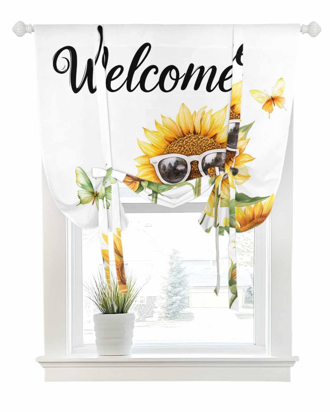 Tie Up Curtains for Windows Farm Sunflower Butterfly Rod Pocket Tie-Up Window Shade Adjustable Balloon Curtain Valance Country Sunglasses Floral for Bedroom Kitchen Bathroom Blinds,42x45in