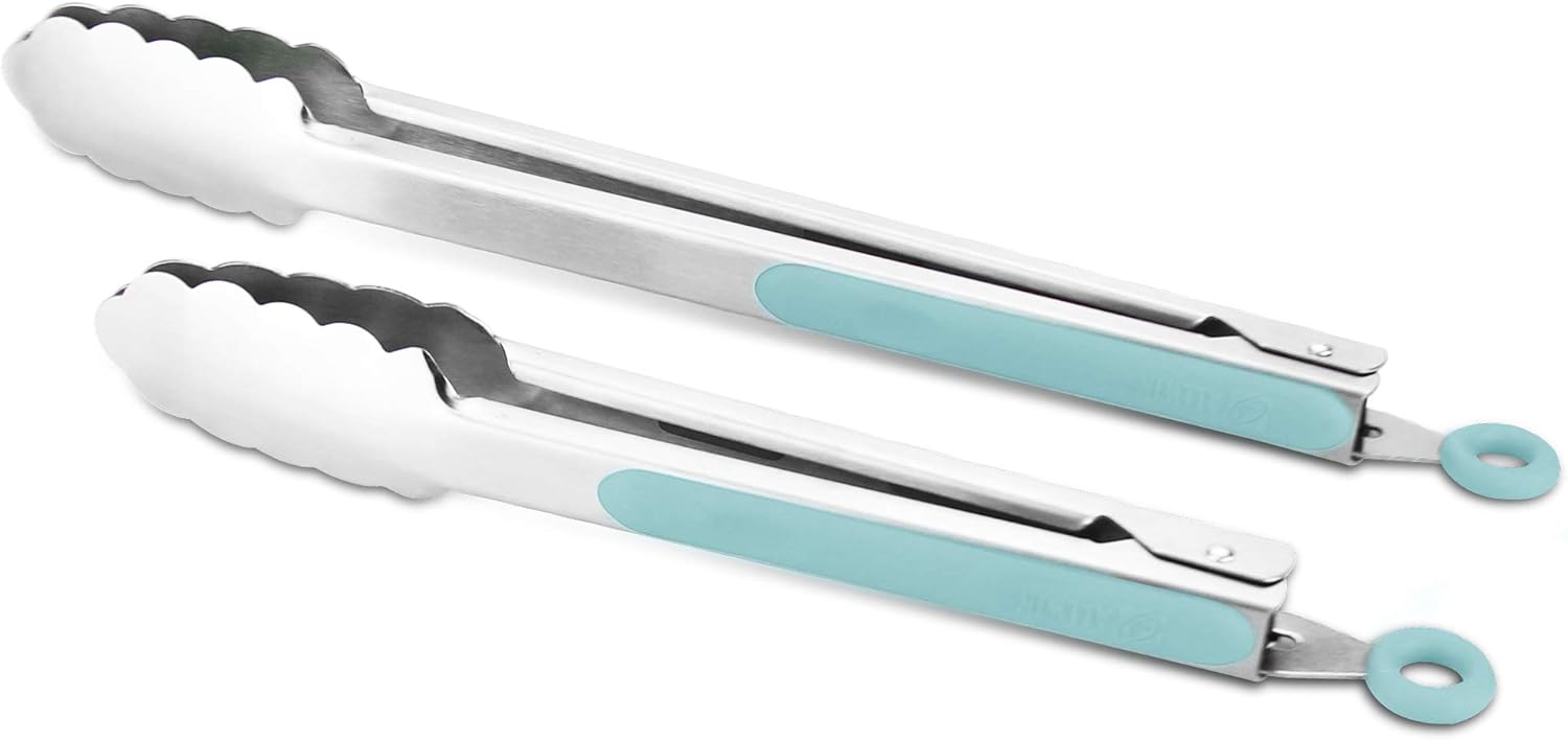 304 Stainless Steel Kitchen Cooking Tongs, 9″ and 12″ Set of 2 Sturdy Grilling Barbeque Brushed Locking Food Tongs with Ergonomic Grip, Aqua Sky