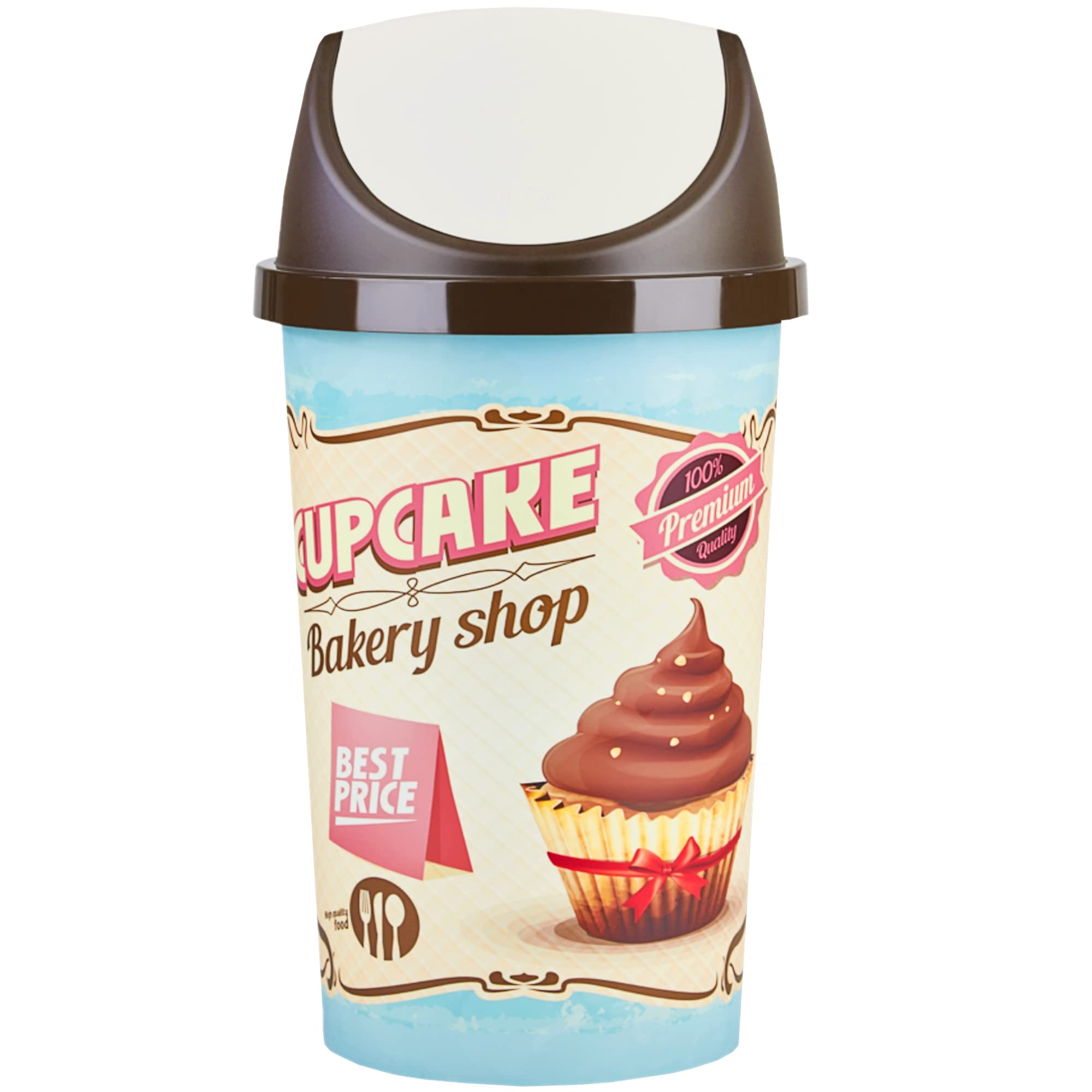 KetoPlastics Retro Kitchen Swing Bin - Unique Cupcake Design, Round 45 Litre Vintage Style Shabby Chic Bakery Tilt Top for Kitchen Rubbish Waste - Ideal for Home or Shop