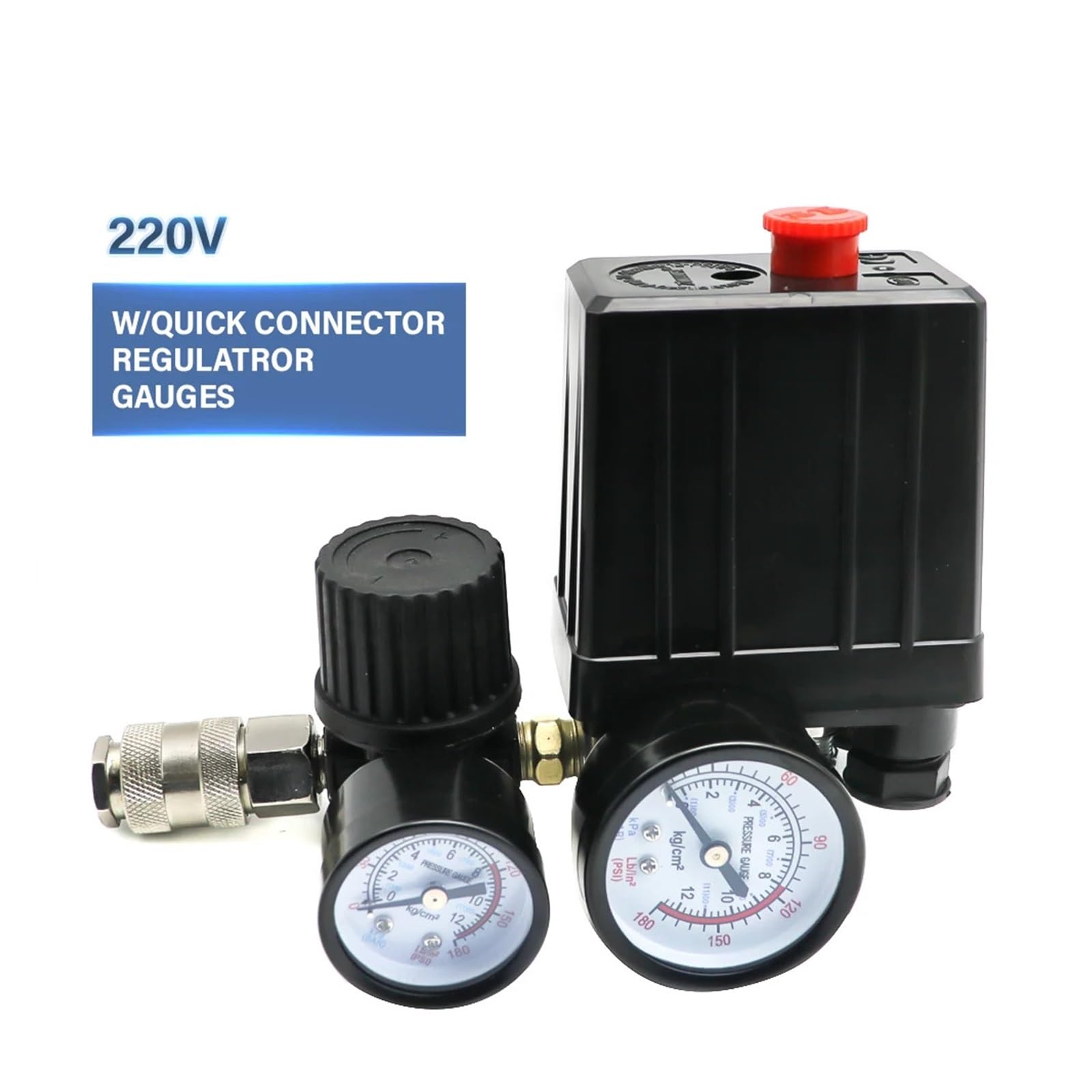 Regulador de Presión, Interruptor de Control de presión de bomba de compresor de aire, 4 puertos, 220/380V, regulador de alivio del colector, válvula de Control de 30-120PSI con manómetro(220)