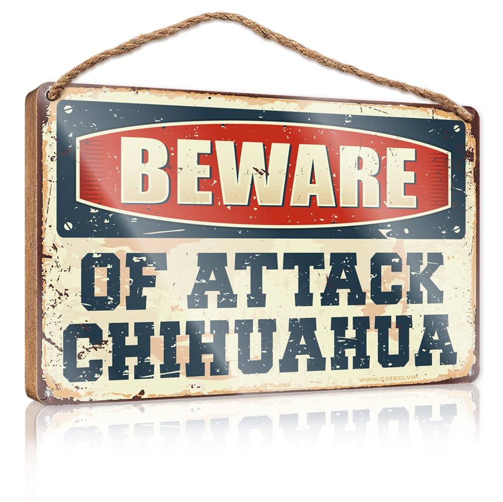 FZFN Hanging Plaque Sign Beware Of Attack Chihuahua Wooden Sign Wood Home Sign Outdoor Wooden Signs(23X35CM)