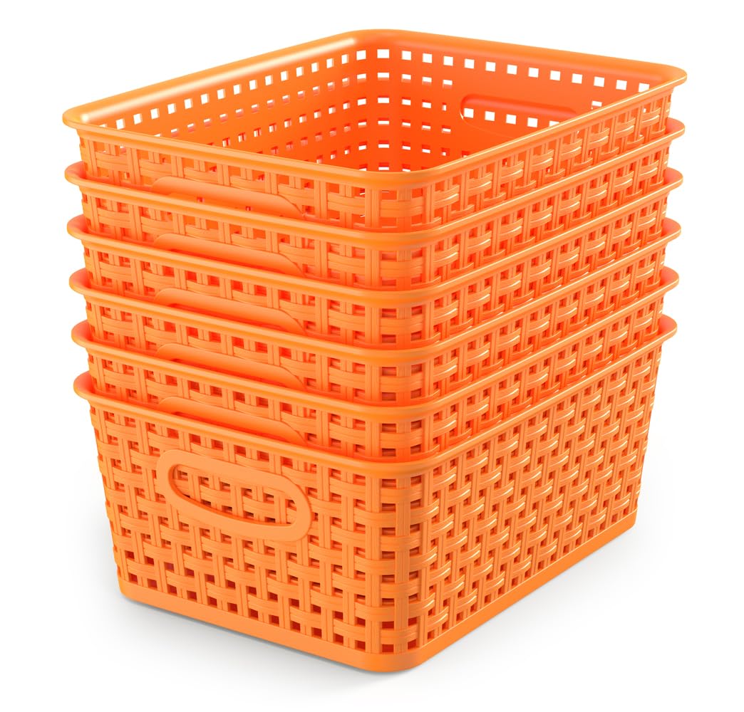 WYT 6-Pack Plastic Small Shelf Storage Weave Baskets Organizing for Cabinets and Pantries, Orange