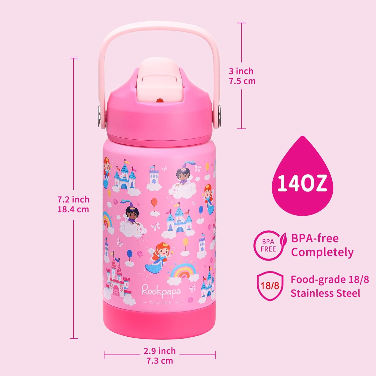 rockpapa 14 oz Kids Insulated Water Bottle,Stainless Steel Toddler Cups with Straws, BPA Free, Leak-Proof, Kids Water Bottle for School Boys& Girls (Pink Fairies) - Image 7