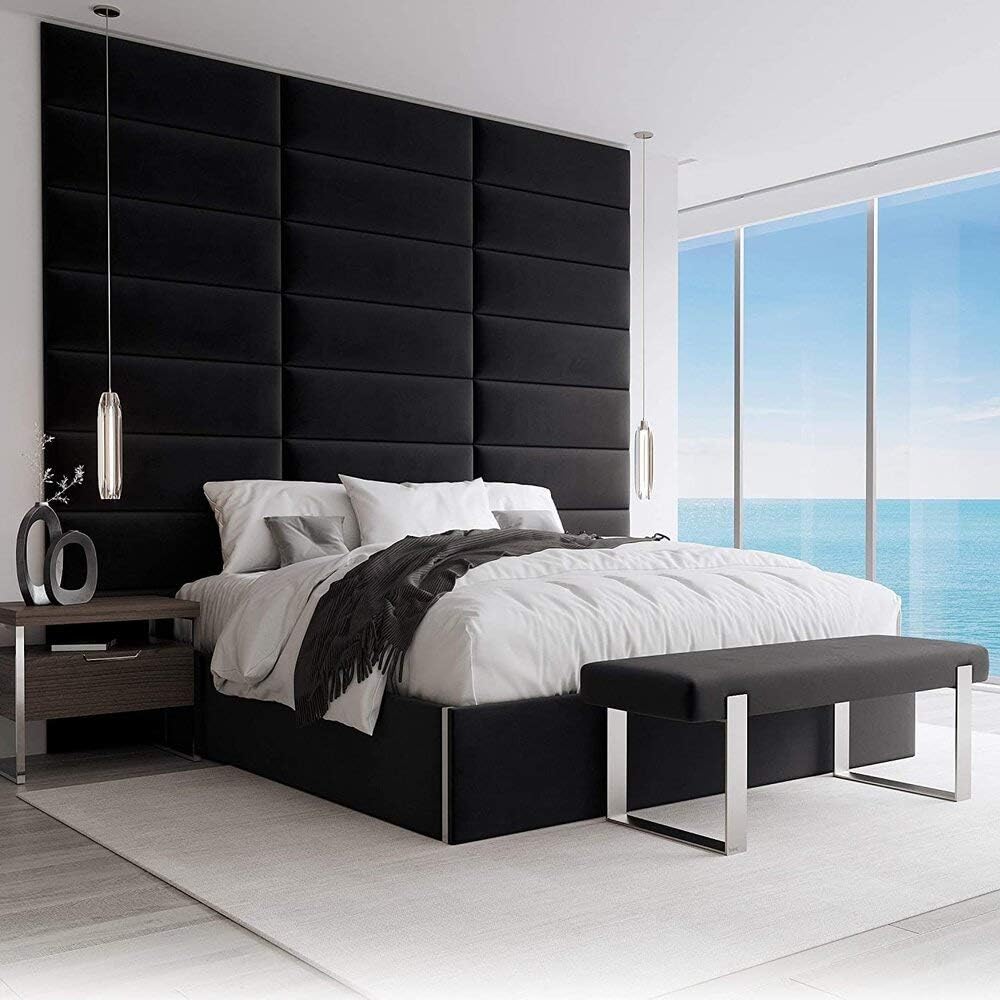 VANT Pannelli di Rivestimento Imbottiti Accento - Confezione 4 - Facile da Installare - Doppia - Testiera King Size (91cm LARGO, Peluche Velluto Nero)