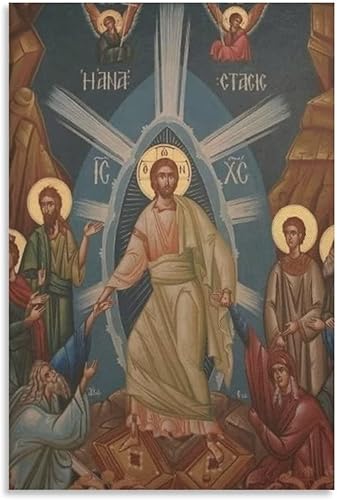 Arte de pared griego ortodoxo vintage con icono de resurrección, lienzo artístico e impresión artística moderna para decoración de dormitorio