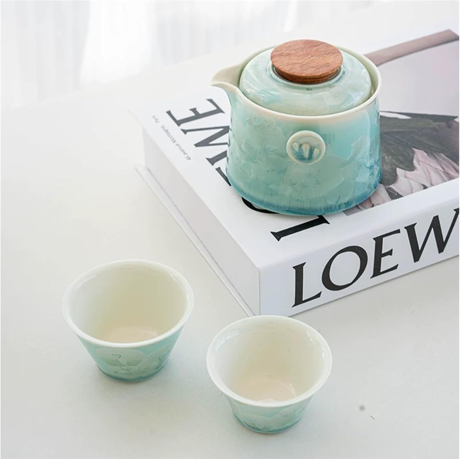 Hermit Life Chinese Travel Tea Set, Portable Ceramic Teapot for One to Two, Gongfu Tea Set with Crystal Glaze, 1 Pot 2 Cups, Gift for Tea Lovers (Mint Green) - Image 7