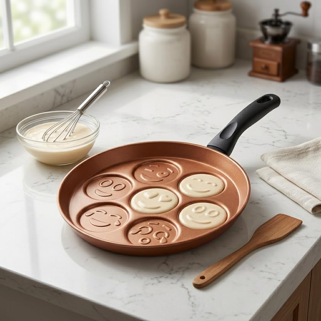 Papilla Redio Emoji Pankek ve Yumurta Tavası - 7 Bölmeli Gülen Yüz Tasarımlı, Yanmaz Yapışmaz Krep Tavası (28 cm) (BRONZ)