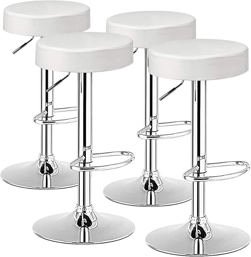 COSTWAY Juego de 4 taburetes de bar, modernos taburetes de bar redondos giratorios sin espalda, silla de bar de piel sintética sin brazos con altura