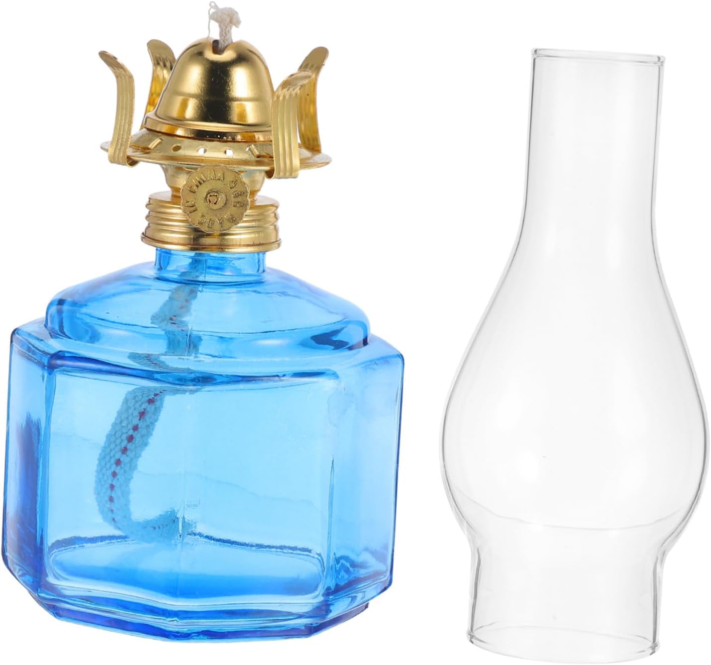 Vintage Sapphire Oil Lamp with Polygonal Glass Shade Windproof Retro Chinese Style Table Lamp for Indoor Outdoor Use Easy Refill Wick Lighting for Home Decor and Special Occasions