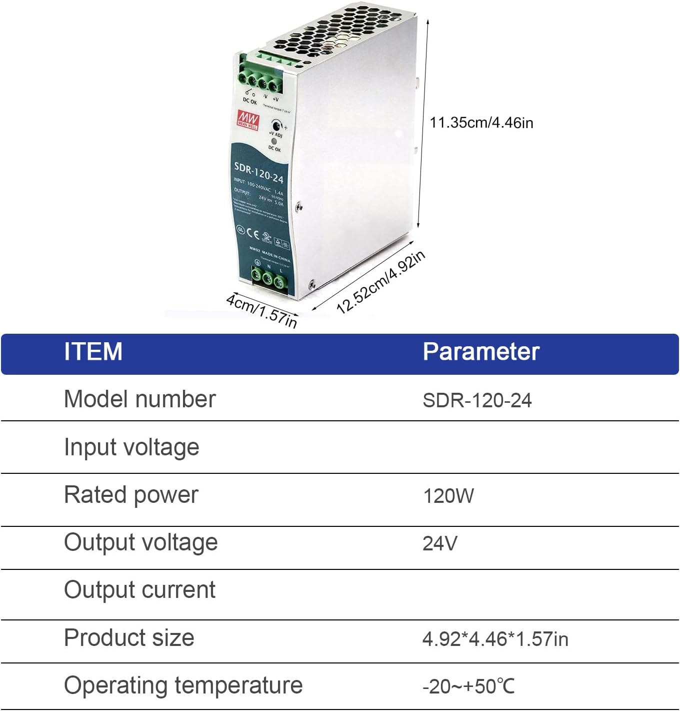 WDR-120-24 24V DIN Rail Power Supply 120W for Industrial Automation