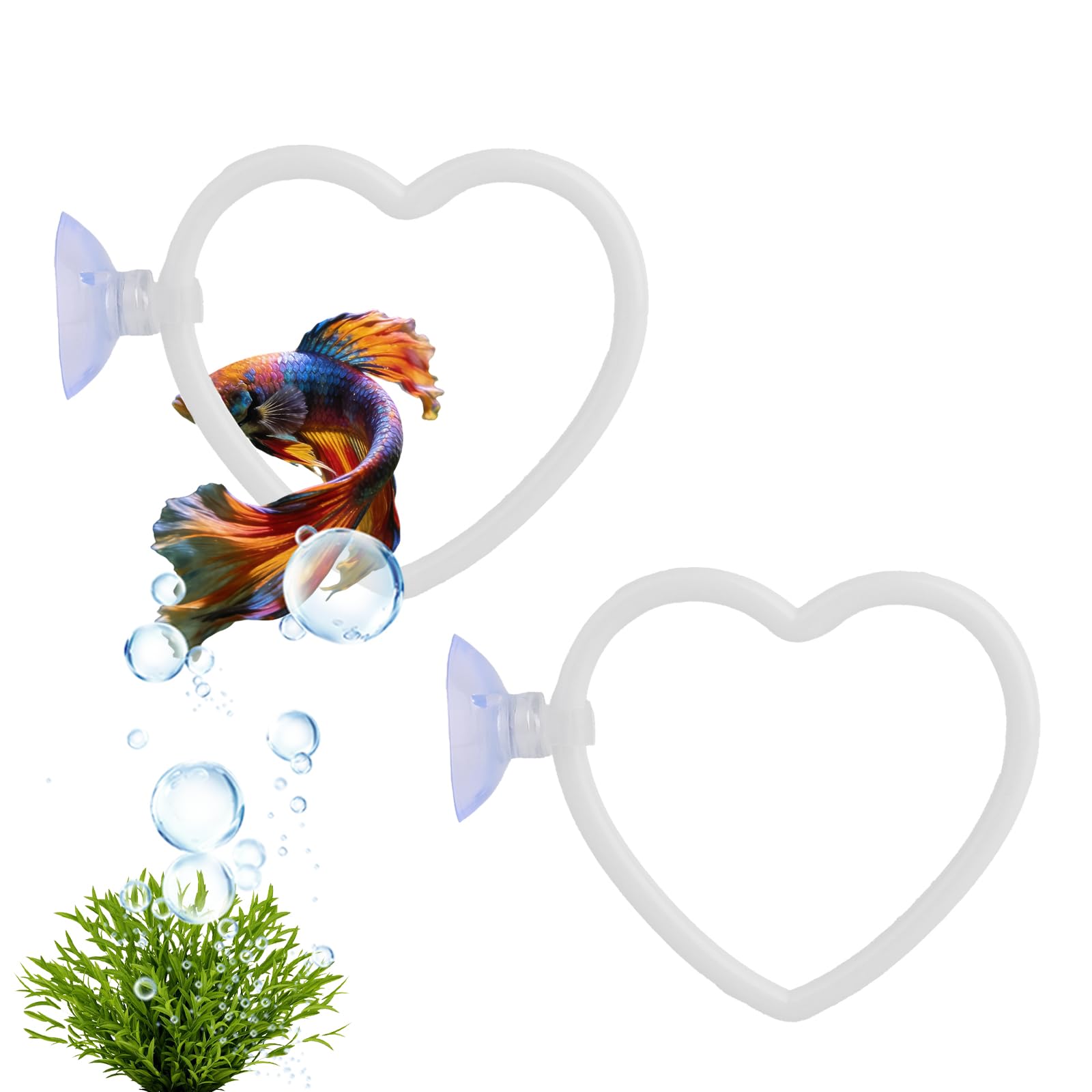 Fukaisu 2pcs Betta Fish Heart Shaped Swim Rings Decor with Suction Cup, Interactive Aquarium Training Rings & Enrichment Toys for Betta Fish Tank Accessories