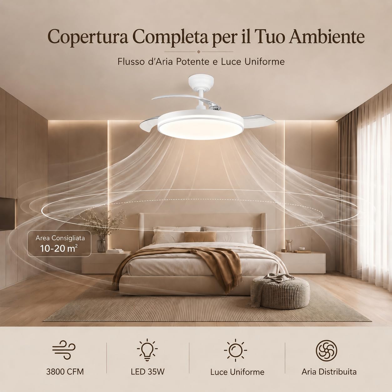 MARSI Ventilatore da Soffitto con Luce e Pale Retrattili 106cm, Lampadario Ventilatore Silenzioso con Telecomando, Motore DC Reversibile, 6 Velocità, LED Dimmerabile, per Camera da Letto e Soggiorno