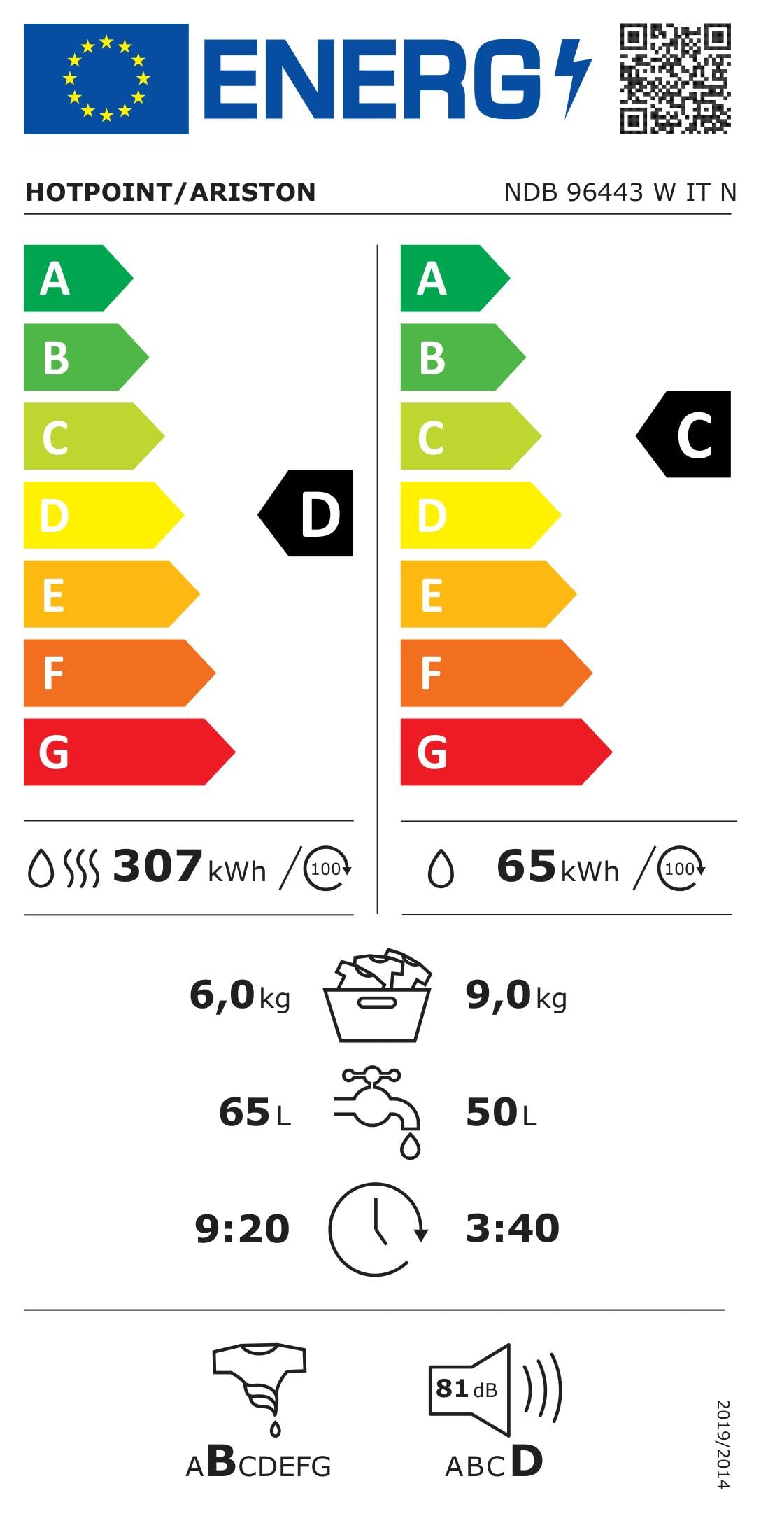 Hotpoint NDB 96443 W IT N Lave-linge 9 kg Charge avant, Libre installation. Centrifugeuse 1400 tours par minute Largeur 59,5 cm, Profondeur 54 cm, Hauteur 85 cm, Classe énergétique E