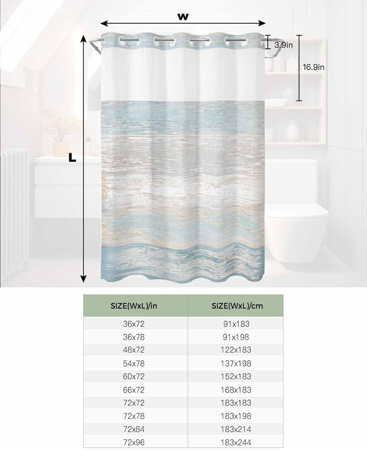 No Hook Shower Curtains, Aqua Blue Brown Ombre Stall Bathroom Curtain with Snap in Liner, Farmhouse Vintage Wooden Waterproof Washable Fabric Bathroom Shower Curtain Sets, 54" x 78"