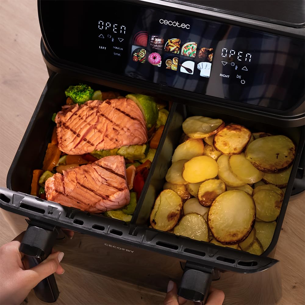 Cecotec Freidora de Aire sin Aceite de 10L con Doble Resistencia, Plancha, Grill, Air Fryer Cecofry&Grill 2800W, Pared Divisoria Móvil, Temperatura Regulable 40-200°C, 10 Menús