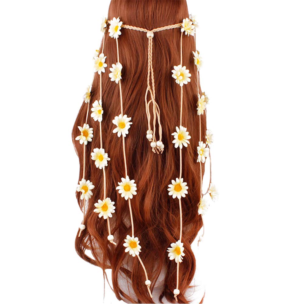 Flower Headband Hippie Sunflower Hairband Floral Crown Bohemian Hair Bands Women Girls Boho Hair Hoop Headdress Headwear Headpiece Party Decoration Cosplay Costume Cute Handmade Hair Accessories Beige