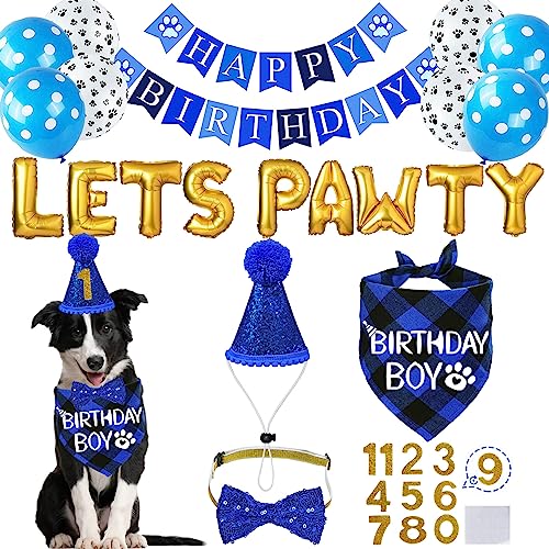 STMK Dog Birthday Party Supplies, Multi Sizes Dog Birthday Bandana Boy Dog Birthday Hat with Numbers Bow Tie Birthday Banner LETS PAWTY Balloons for Small Medium Dogs Pets (Small, Blue) STMK Dog Birthday Party Supplies, Multi Sizes Dog Birthday Bandana Boy Dog Birthday Hat with Numbers Bow Tie Birthday Banner LETS PAWTY Balloons for Small Medium Dogs Pets (Small, Blue)