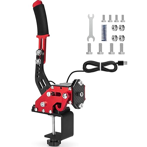 aikeec 64Bit PC USB Handbrake, Upgrade SIM Racing Games Handbrake for LO GITECH G25 G27 G29 T500 T300 THRUST MASTER FANATECOSW DIRT RALLY, 2M Nylon Cable/Reinforced Spring/Red+Clamp