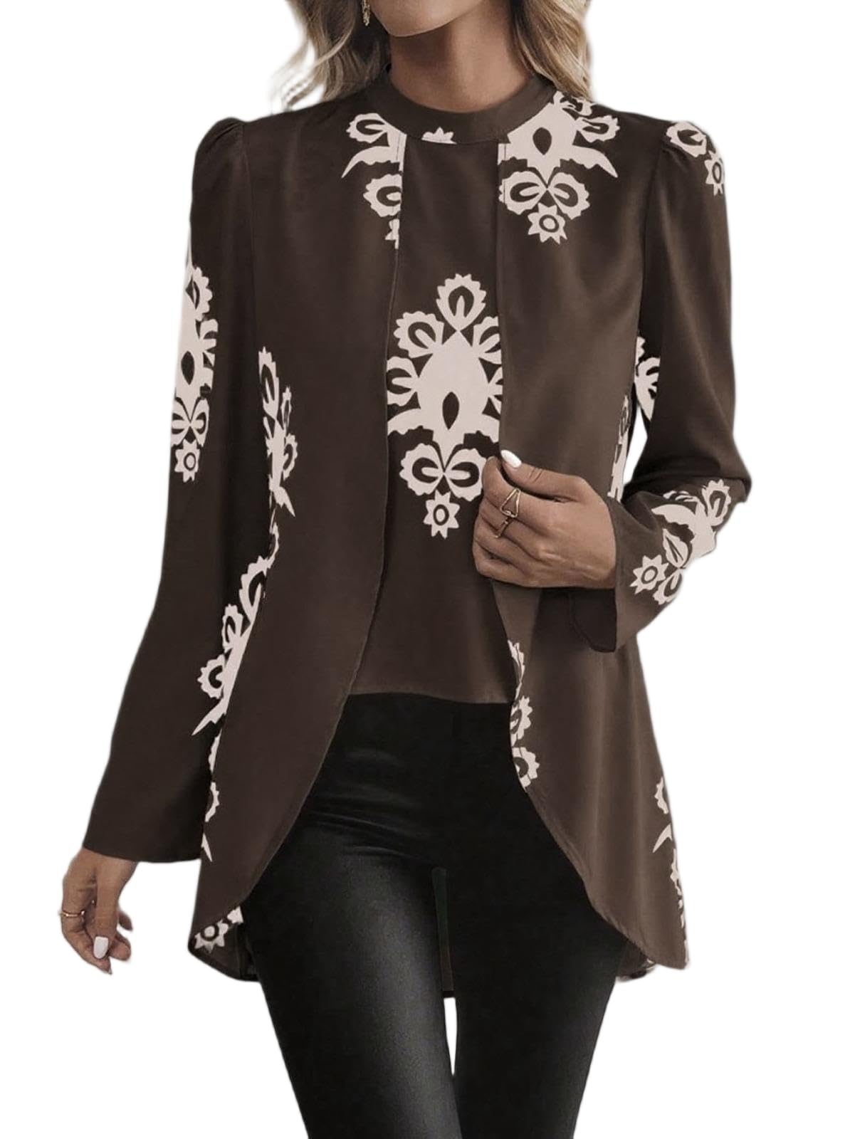 LKSCY - Camicetta da donna in raso vintage con motivo floreale, girocollo, maniche a sbuffo, vestibilità ampia, con orlo a spacco laterale, per ufficio, casual e autunnale