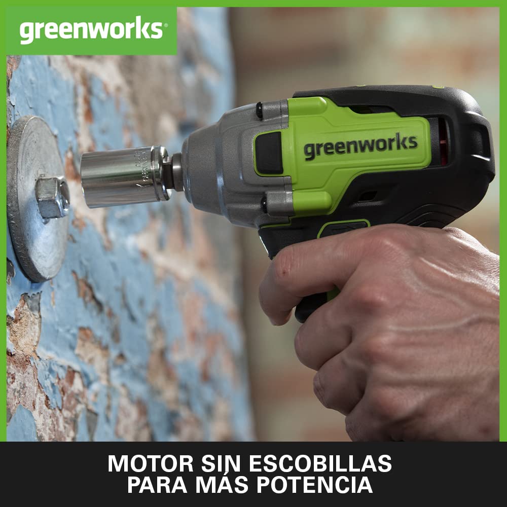 Greenworks GD24IW400 Llave de Impacto Inalámbrica con Motor sin Escobillas, 0-2800 rpm, 0-4000 ipm, Torque de 400 Nm, Acoplador de 1/2” (1,27cm) SIN Batería de 24V y Cargador, Garantía de 3 Años