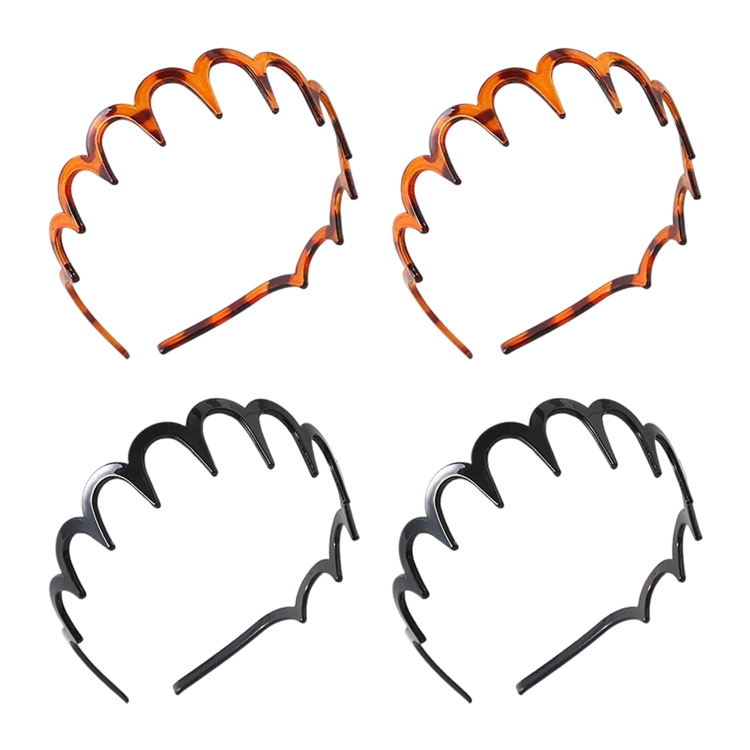 4 Stück Zickzack Haarreif,Make Up Haarreif,Haifischzahn Haarkamm Kunststoff,Gewelltes Zickzack Haarreifen,für Sport Fitness Tägliches für Damen (Schwarz/Leopardenbraun)