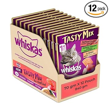 Whiskas Tasty Mix, Adult (1+ Years) Wet Cat Food with Real Fish, Seafood Cocktail Wakame Seaweed in Gravy Flavour, 12 x 70 g Pouches