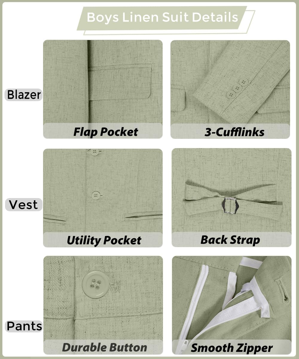 Boys Linen Suits 3 Piece Boy Summer Linen Suit for Kids Beach Wedding Outfit Boys Slim Fit Suit Lightweight - Image 5