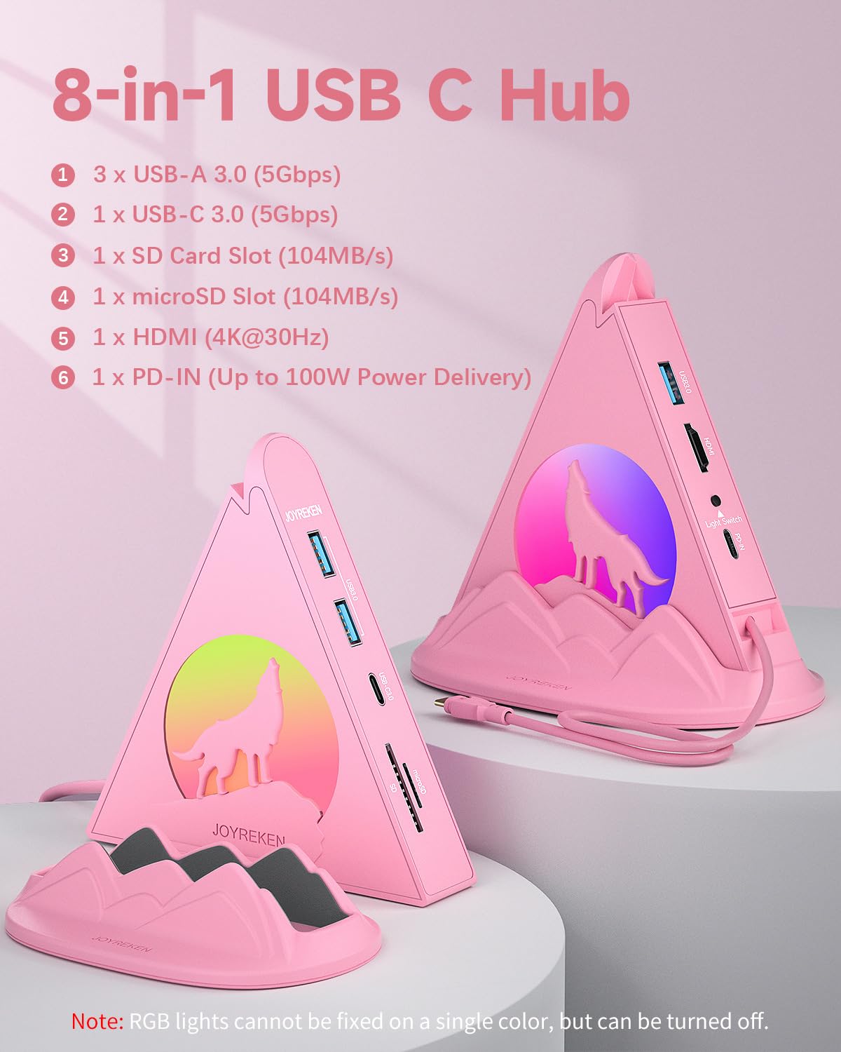 Hub USB C, adaptador multipuerto tipo C 8 en 1 rosa con HDMI 4K a 30Hz, 100W PD, 5Gbps 1xUSB-C, 3xUSB-A 3.0, ranuras SD/TF e iluminación RGB, hub USB rosa para MacBook Air/Pro, iPad, iMac