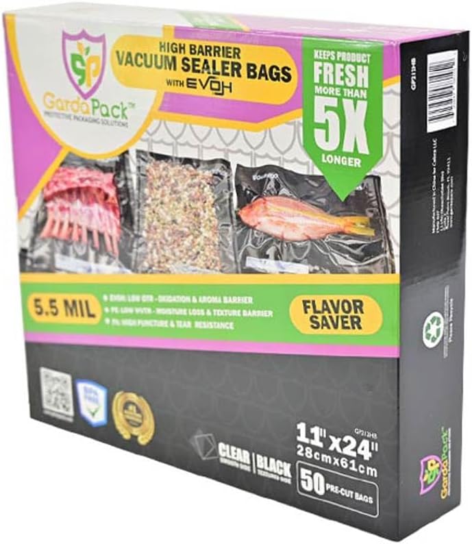 11” x 24” High-Barrier 5.5 Mil Vacuum Seal Bags – 50 Count (Clear & Black)