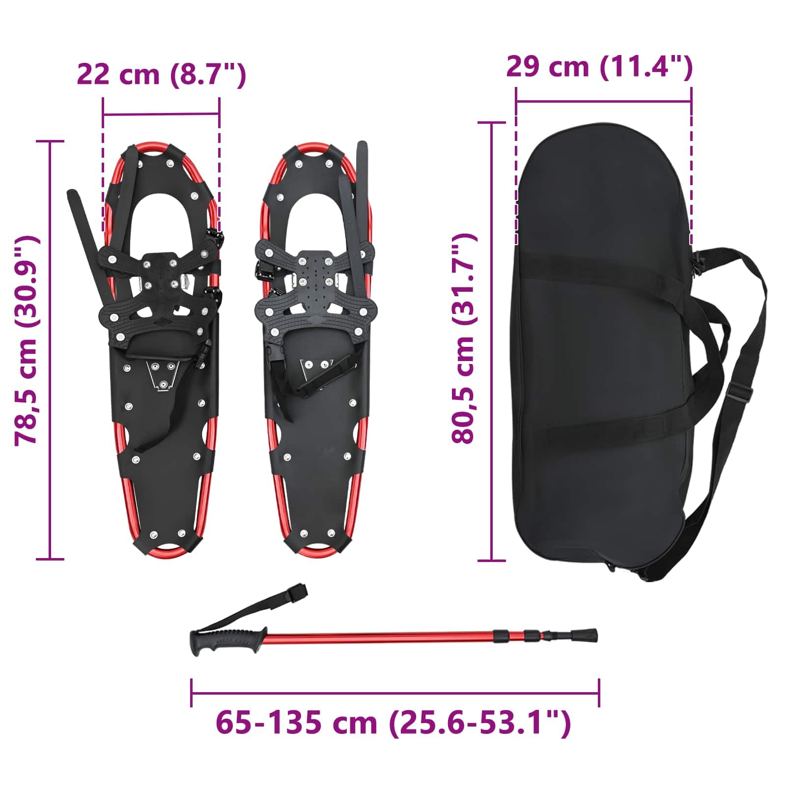 Set di racchette da neve con bastoni da trekking regolabili e borsa per il trasporto, telaio in alluminio, racchette da neve antiscivolo, per taglie 38-48, argento e nero
