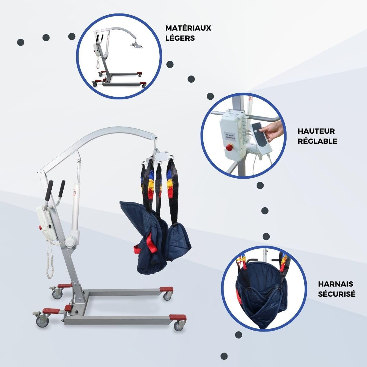 Mobiclinic®, Lève-personne Électrique pour Personnes Âgées, Jusqu'à 180 kg, avec Harnais de Transfert Inclus, Largeur Réglable, Utilisation Pendant la Charge, Roues avec Freins, Acier, Fortuna Basic