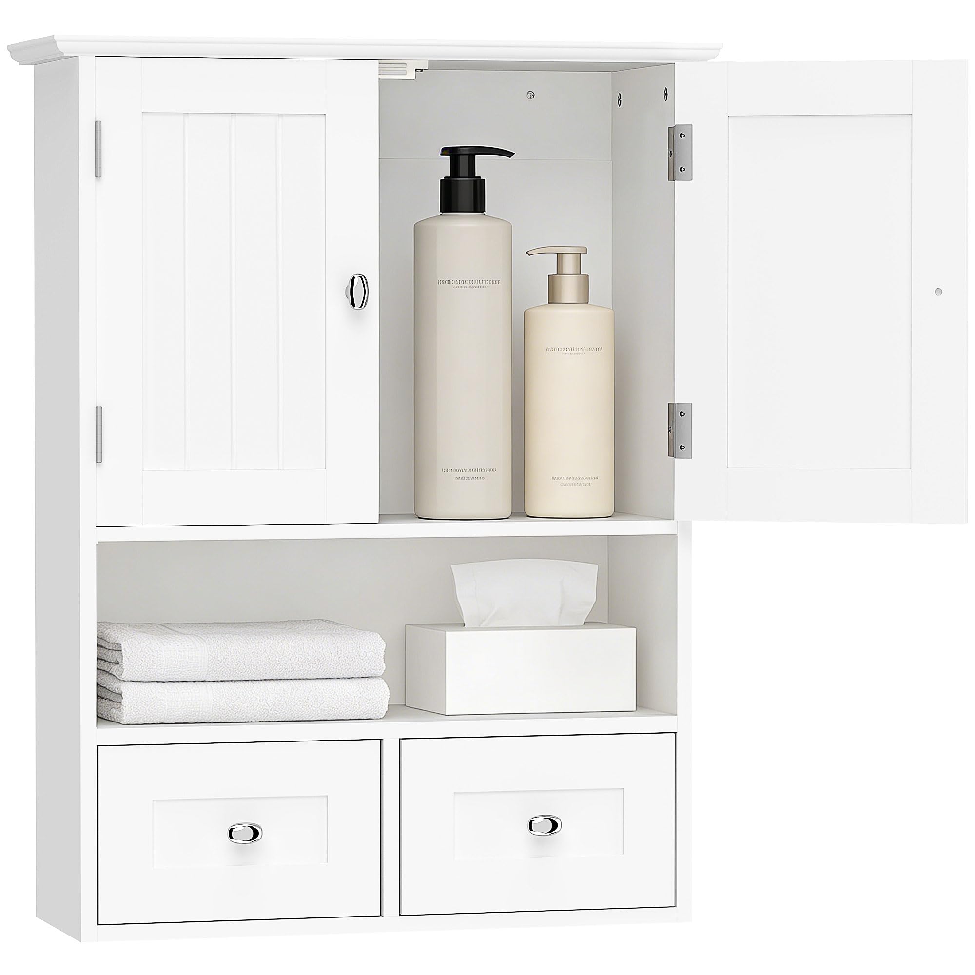 kleankin Armadietto Pensile Bagno a 2 Ante con Ripiano Aperto e 2 Cassetti, Mobiletto Multiuso per Cucina, Ingresso e Soggiorno, Bianco