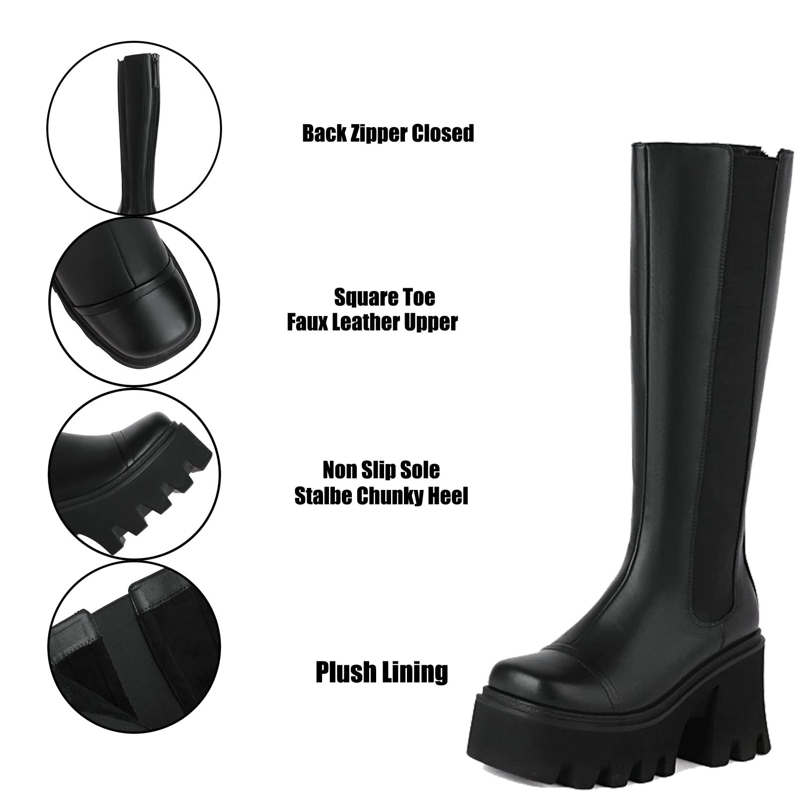 Damen Shorts Leder Stiefeletten Heels Epais Motorradstiefel Schwarz Runde Spitze Über Knee Hohe Winterstiefel