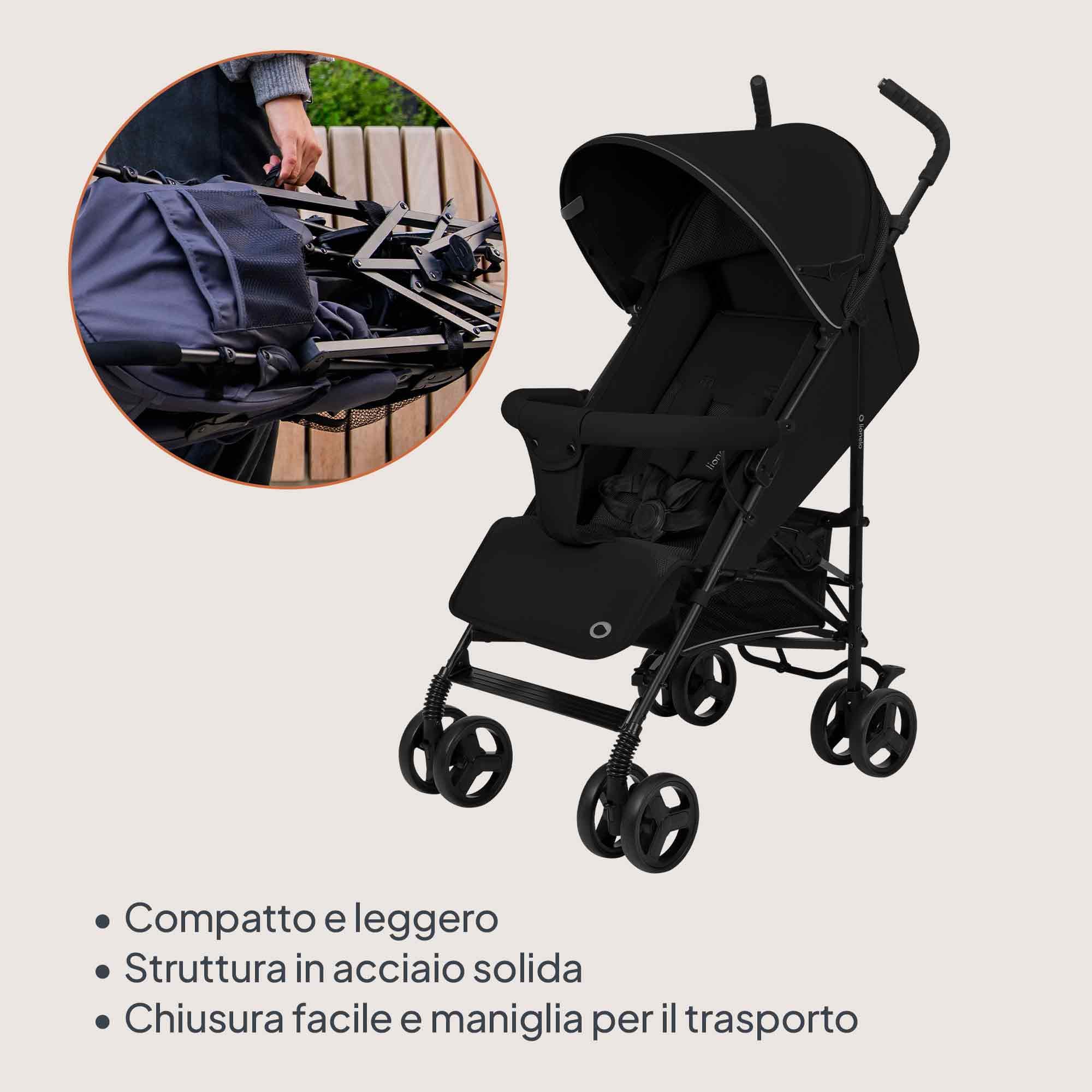LIONELO ELIA Passeggino Leggero Pieghevole e Compatto da Viaggio per Bambini, Schienale Reclinabile Sdraiato, Cinture a 5 Punti, Cappottina UV e Grande Cestino Portaoggetti, 6-36 Mesi fino a 15 kg
