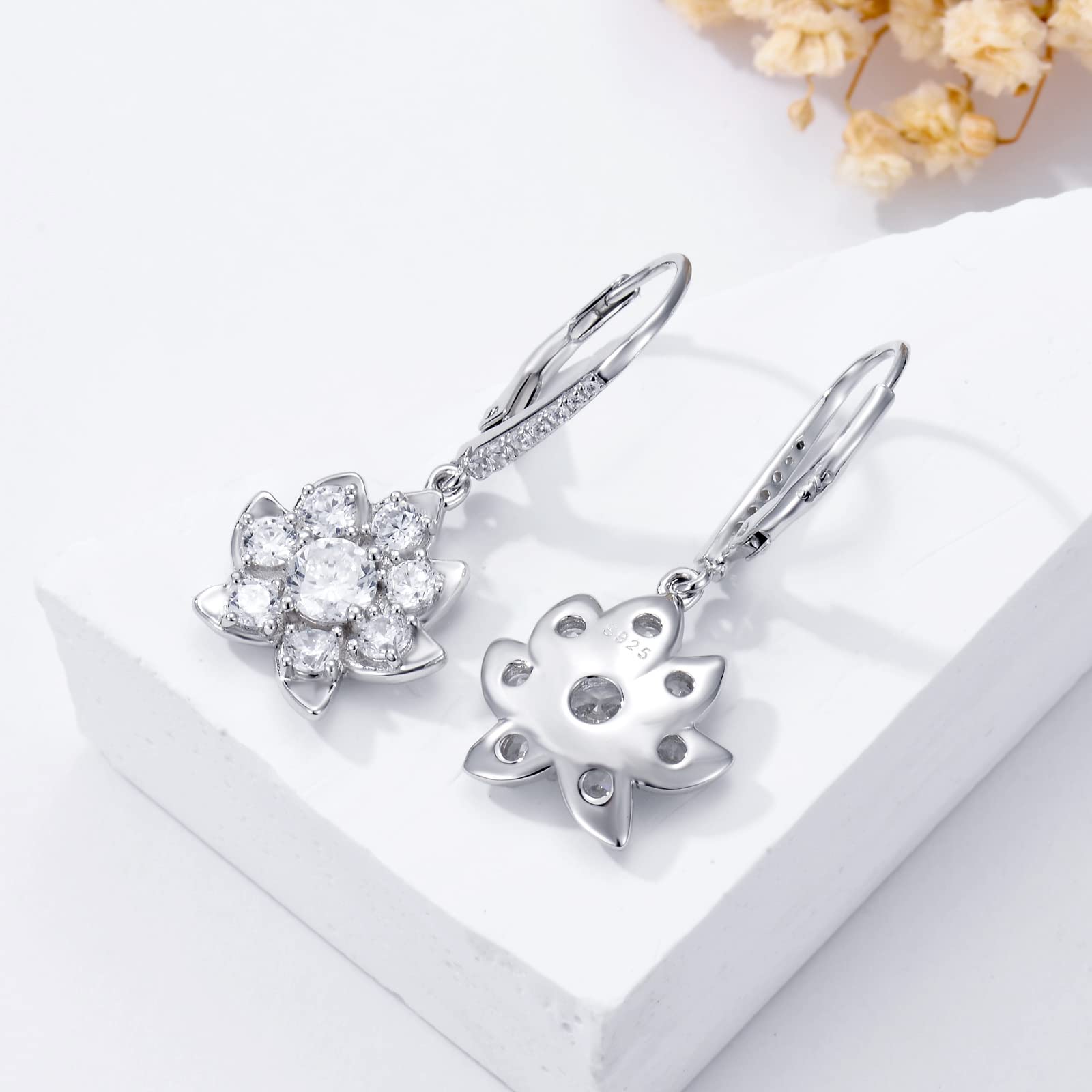 VONALA Sterling Silver Flower/Lotus/Square Leverback Earrings for Women Crystal Dangle Drop Earrings Cubic Zirconia Dangling Earrings for Women Teens Gift