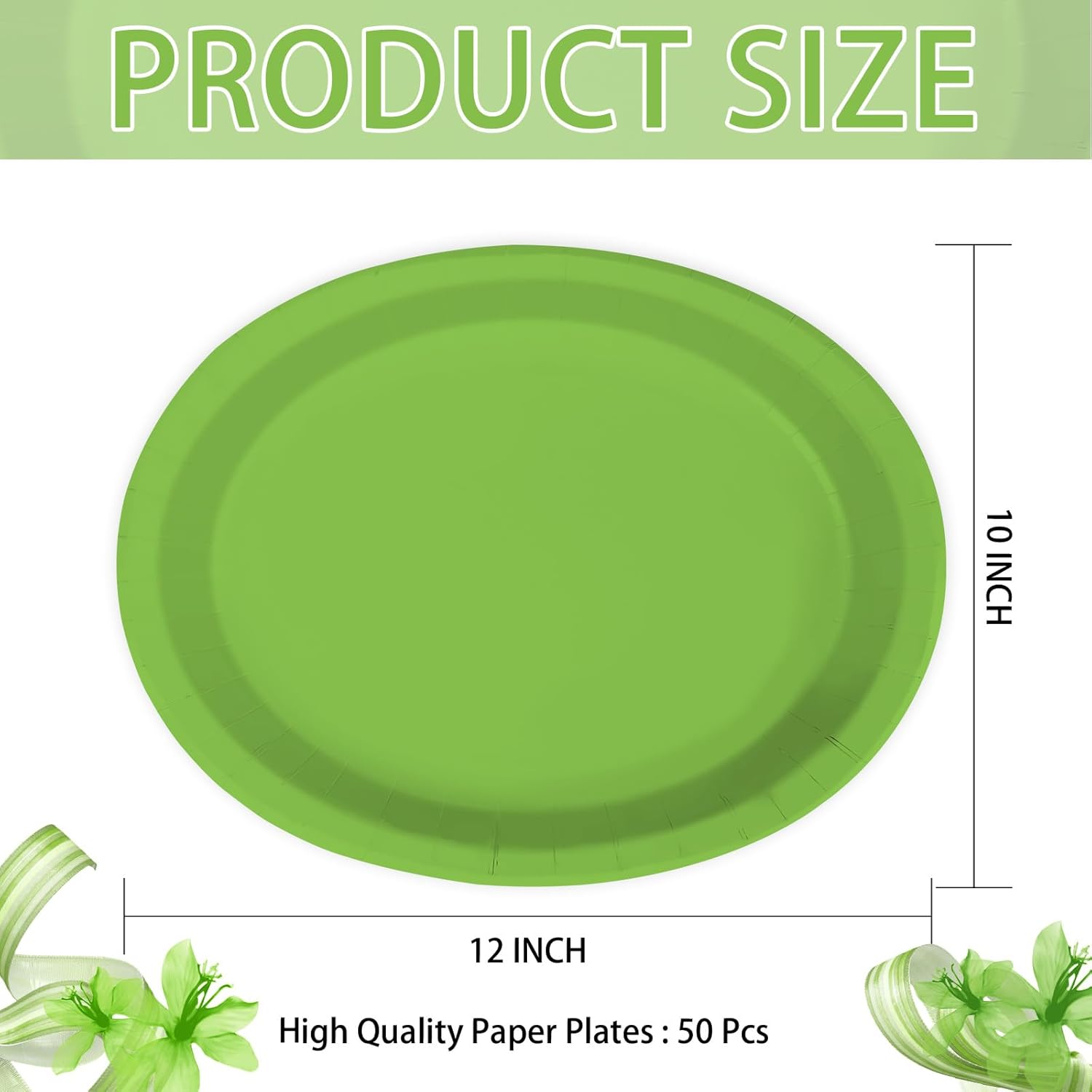 50Pcs Sage Green Oval Paper Plates 10" x 12" Large Disposable Heavy Duty Lime Green Paper Platters Solid Color Dessert Plates for Spring Wedding Bridal Baby Shower Lunch Dinner Birthday Party Supplie